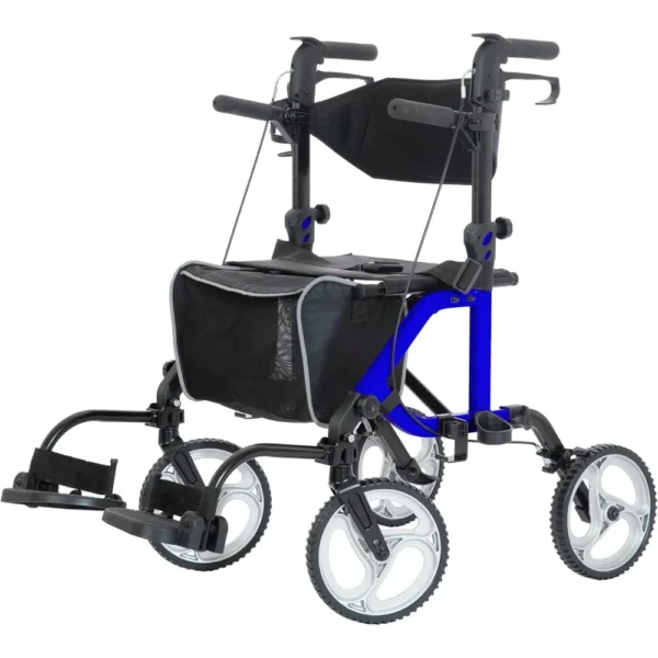 2 in 1 Rollator Walker & Transport Chair, Folding Wheelchair 10” Non-Slip Wheels for Seniors, Reversible Backrest & Detachable