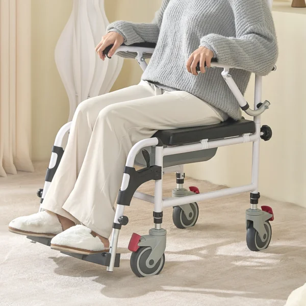 Shower Commode Wheelchair with 4 Lockable Wheels Footrests Flip-up Arms 3-Level Adjustable Height 5L Removable Bucket