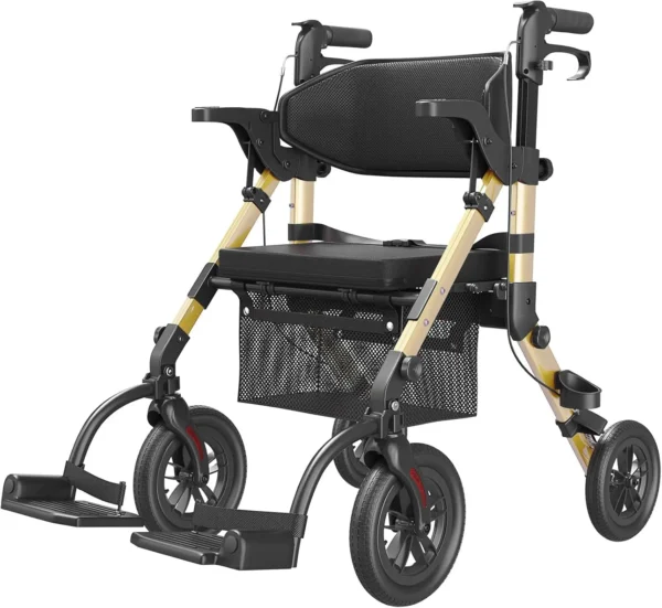 2-in-1 Transport Wheelchair & Rolling Walker – Lightweight Foldable Mobility Aid for Adults