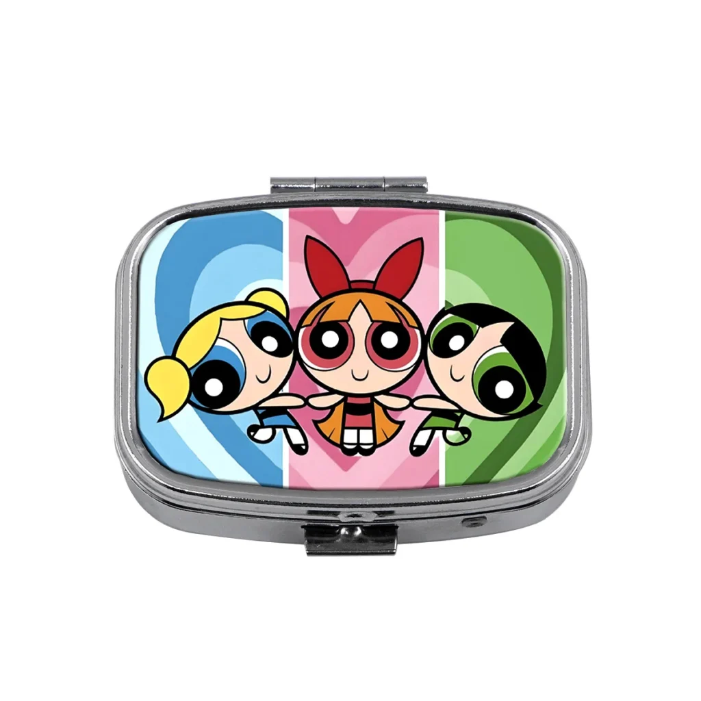 MedicareCoverages™ Magic Motion Metal Pill Organizer – Compact 2-Compartment Travel Medicine Box with Secure Seal & Elegant Design - Power Puff Girls