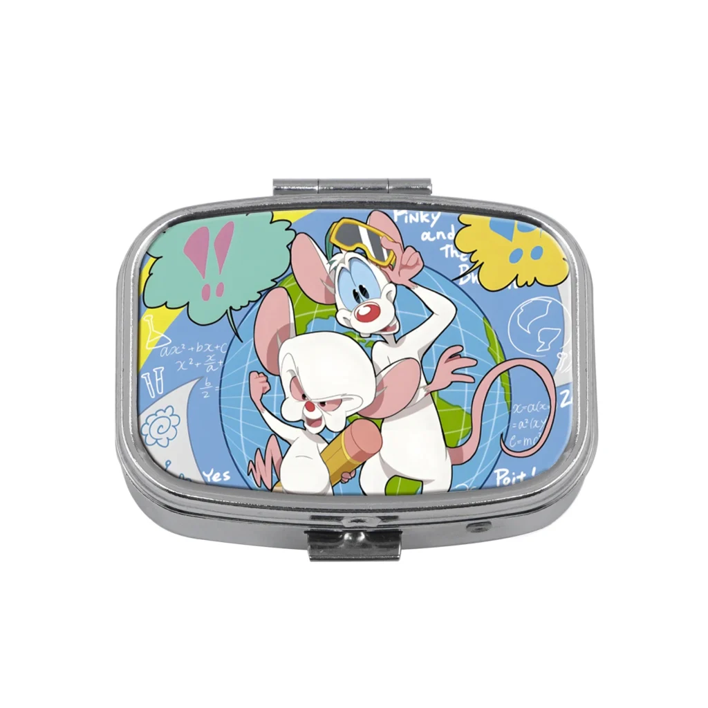 MedicareCoverages™ Cartoon Duo Metal Pill Organizer – 2-Compartment Decorative Travel Medicine Case with Secure Seal - Pinky and Brain
