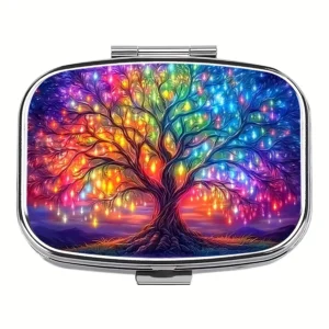 MedicareCoverages™ Colorful Glowing Trees Metal Pill Organizer – Dual-Compartment Decorative Medicine Case for Travel & Daily Use